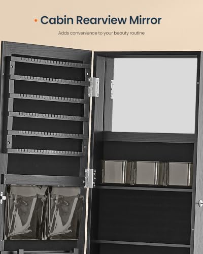 SONGMICS HOME Standing Jewelry Cabinet, Full Length Mirror with Storage | Swivel Jewelry Armoire, Lockable Rotating Organizer, Rear Storage Shelves, Bedroom Organization, Black UJJC006B01SH