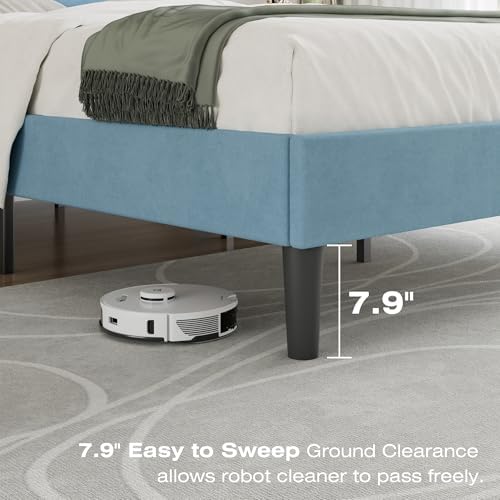 VECELO Queen Size Bed Frame with Upholstered Headboard, Light Blue