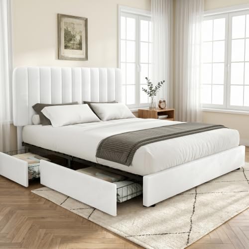 VECELO Full Size Upholstered Bed Frame with 4 Drawers and Headboard, Velvet Platform Storage Bedframe, Wooden Slats Support, No Box Spring Needed,White