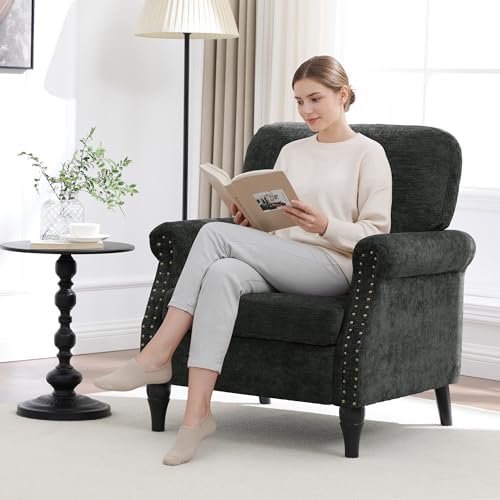Accent Chair for Living Room, Modern Mid Century Reading Chair Armchair High Back Upholstered Armchair with Wooden Legs for Living Room Bedroom Office (Black, 1pcs)