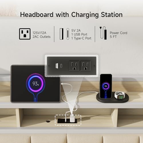 Queen Headboard Only with Storage, Charging Station, Off White