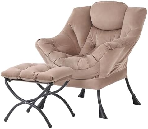 Tiita Lazy Chair with Ottoman, Comfy Reading Accent Chair, Velvet Khaki