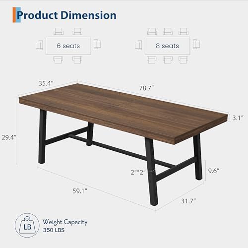 GarveeHome Industrial Dining Table for 6-8 People, 78.7" Long Large Kitchen Table with Sturdy Metal Frame, Rectangular Counter for Dinner, Kitchen, Dining Room (Brown, 79" Non-extendable)