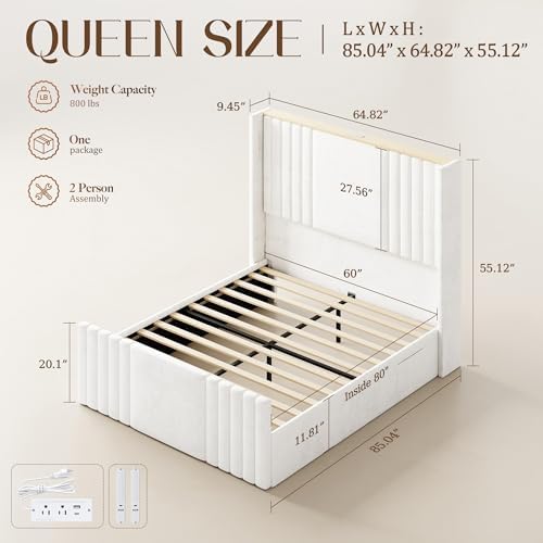 55" Tall Queen Size Platform Bed Frame with 2 Reading Lights, Cream