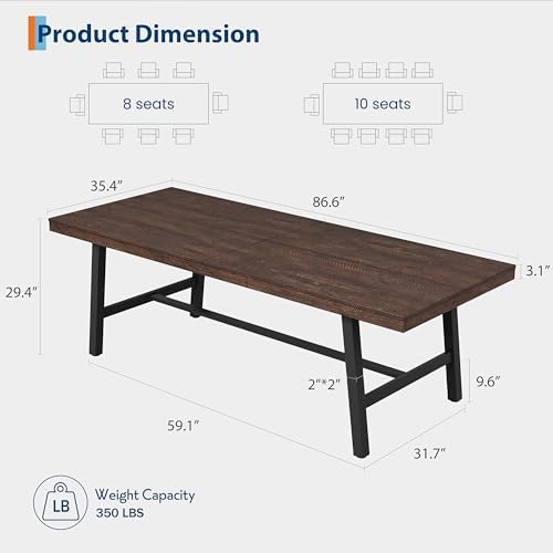 GarveeHome Industrial Dining Table for 8-10 People, 86.61" Long Kitchen Table with Sturdy Metal Frame, Rectangular Counter for Dinner, Kitchen, Dining Room (Dark Rustic Birch, 87" Non-extendable)