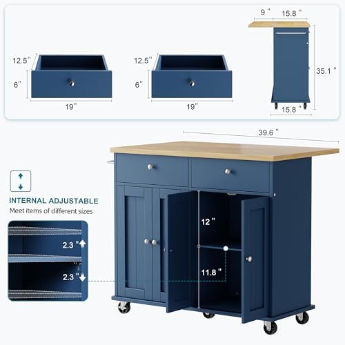 Shintenchi Kitchen Island with Drop Leaf, Rolling Kitchen Cart with Storage on Wheels, Table Bar Cart for Kitchen with Towel Rack & Seating Area for Dining Room, Blue
