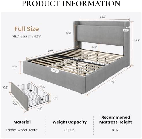 SHA CERLIN Full Size Storage Bed Frame with 4 Oversized Drawers, Modern Wingback Headboard with Storage Shelf & Charging Station, No Box Spring Needed, Easy Assembly, Grey