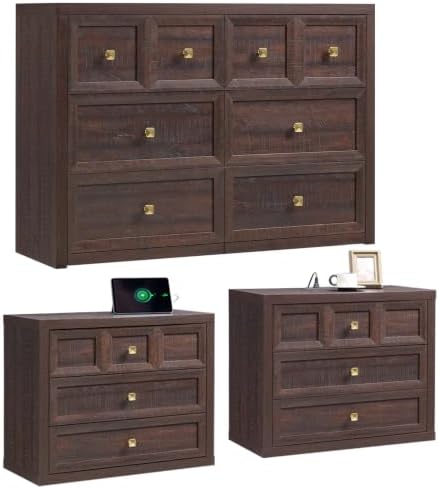 3 Piece Bedroom Set - Includes 6 Drawer Dresser and 3 Drawer King Size Nightstands Set of 2 with Charging Station, 3 Piece Farmhouse Dresser and Nightstand Sets,Brown