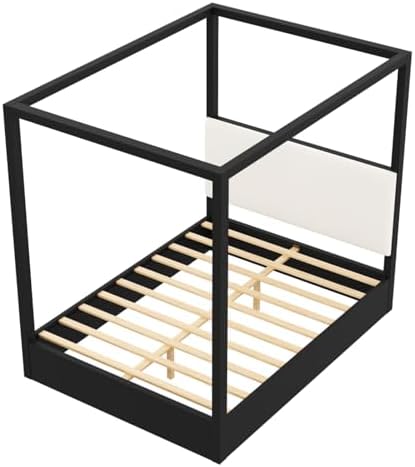 Queen Size Canopy Bed with Upholstered Headboard (Black)