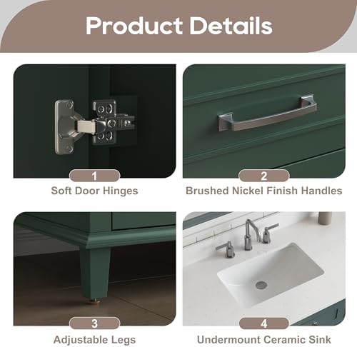 60 Inch Bathroom Vanity Single Sink, Solid Wood, Green | Pre Assembled Freestanding Bathroom Vanities with with 2 Soft Close Doors & 5 Dovetail Drawers, 0.78" Stone Top, Backsplash