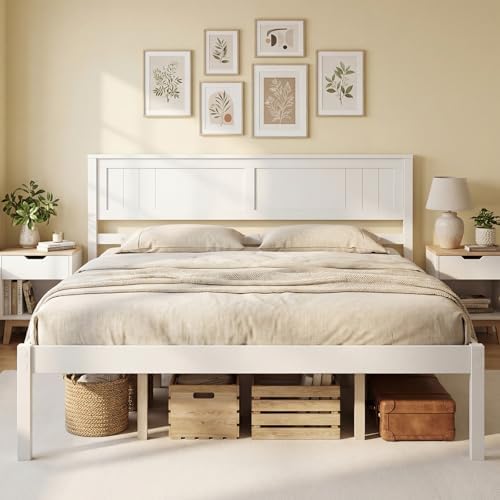 GIANTEX Queen Wood Platform Bed Frame with Headboard, Mid Century Queen Bed Frame with Wood Slat Support, Solid Wood Foundation with 16" Under Bed Storage, No Box Spring Needed, Easy Assembly (White)