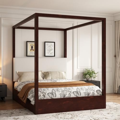 Queen Size Canopy Bed with Upholstered Headboard (Espresso)