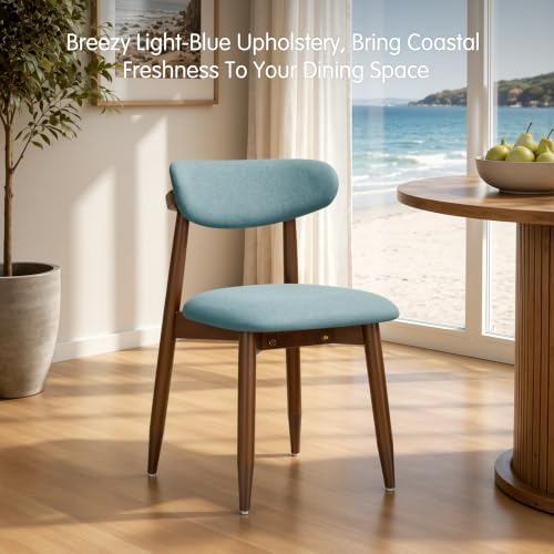 CHUN YI Dining Chairs Set of 2, Upholstered Solid Wood Dining Room Chairs, Mid Century Modern Fabric Kitchen Chairs with Ergonomic Curved Back, Blue