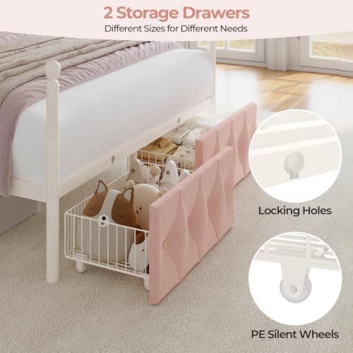 Queen Size Upholstered LED Canopy Bed Frame with 2 Drawers and & Charging Station, Button Tufted Storage Headboard, Metal Platform Bed with 4 Removable Posts, No Box Spring Needed, Pink