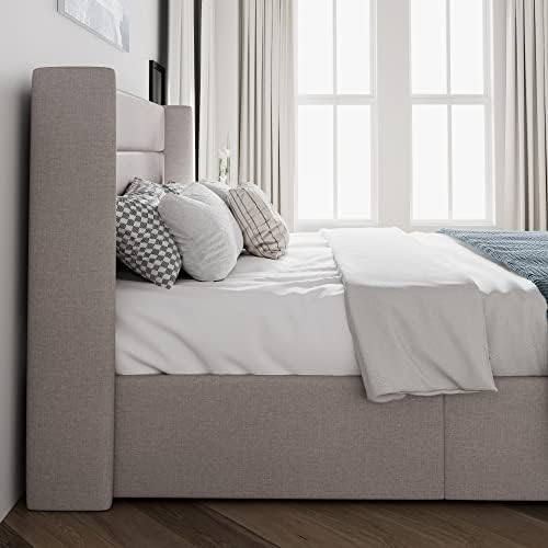 SHA CERLIN King Size Lift Up Hydraulic Storage Bed Frame Light Beige