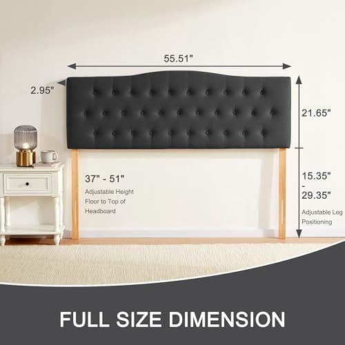 Tufted Headboard Full Size, Solid Wood Adjustable Height Head Board, Black