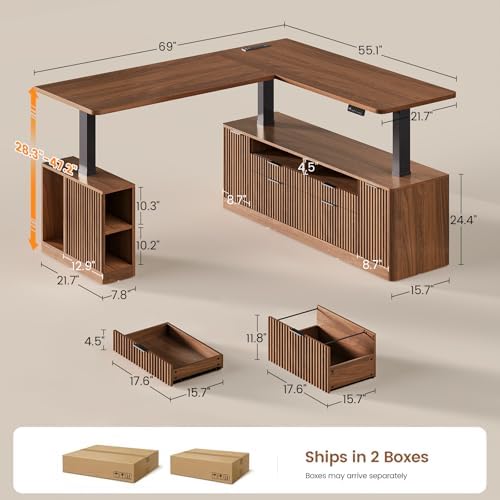 SEDETA Fluted L Shaped Executive Electric Standing Desk with 4 Drawers