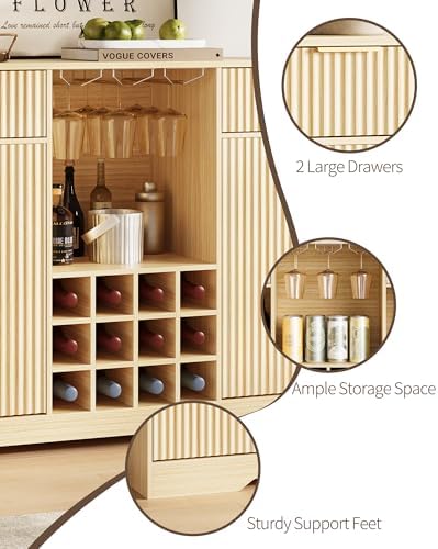 55" Fluted Wine Bar Cabinet - Coffee Bar Cabinets for Home with Storage, 2 Door & 2 Drawer Buffet Sideboard with Liquor Rack and Glass Holder, Alcohol Indoor Bars for Living Room, Kitchen