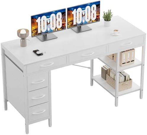 Sweetcrispy 55" Computer Desk with 6 Fabric Drawers & Storage Shelves