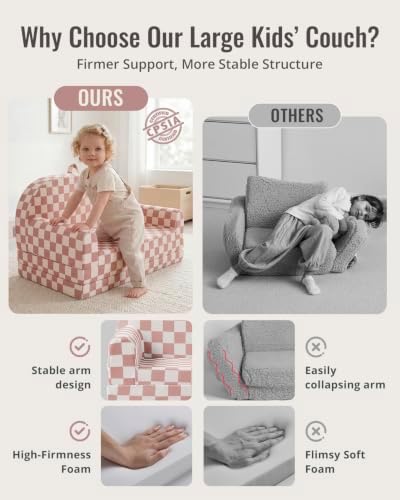 Blissful Diary Foldable Kids Couch, Extra Wide Kids Sofa Chair, Blush Check