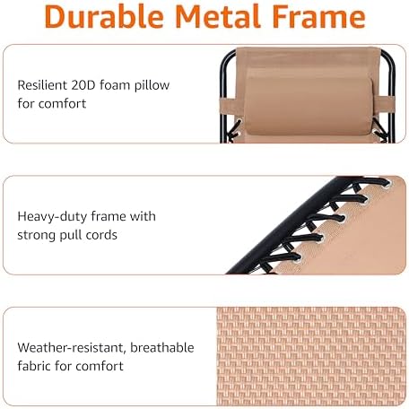 Amazon Basics Zero Gravity Lounge Chair with Pillow, Foldable Outdoor Reclining Chair for Patio and Beach, Weather-Resistant Textilene, 300 lb Capacity, 26", Beige