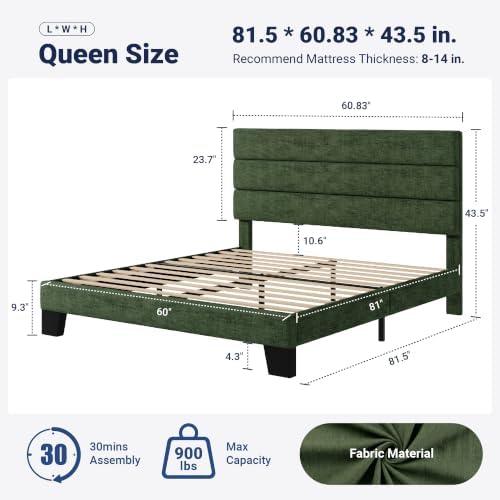 Allewie Queen Size Platform Bed Frame with Fabric Upholstered Headboard and Wooden Slats Support, Fully Upholstered Mattress Foundation/No Box Spring Needed/Easy Assembly, Green