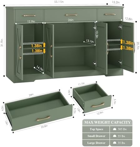 HOSTACK Kitchen Buffet Sideboard Storage Cabinet, Coffee Bar Cabinet, Green