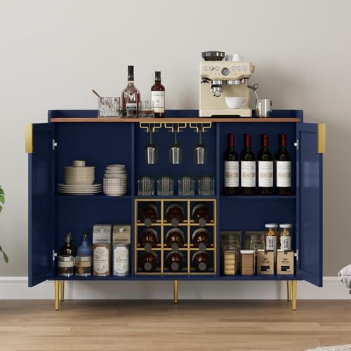 ARTPOWER 48" Wine Bar Cabinet with Fluted Texture, Buffet Sideboard, Blue