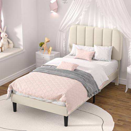 VECELO Twin Size Bed Frame with Upholstered Headboard, Velvet Platform Bedframe Mattress Foundation, Strong Wood Slat Support, No Box Spring Needed,Bone Beige