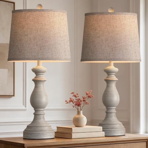 PARTPHONER Traditional Table Lamp Set of 2, Rustic Farmhouse Table Lamps for Living Room Bedroom, 27" Bedside Desk Lamps Vintage Nightstand Lamps with Linen Shades, Antique Grey