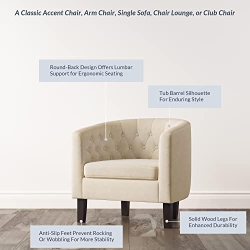 BELLEZE Accent Barrel Arm Chair, Modern Comfy Upholstered Tufted Club Chair with Sturdy Legs and Linen Fabric for Bedroom Living Room - White