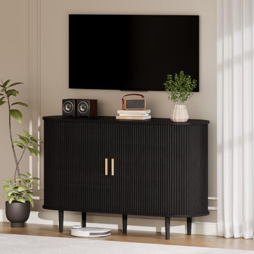 47.2" Sideboard Buffet Cabinet with Sliding Door,Fluted Cabinet with Storage & 2 Adjustable Shelfs,Mid Century Modern Coffee Bar Console Table for Kitchen, Living Room, Entryway，Black