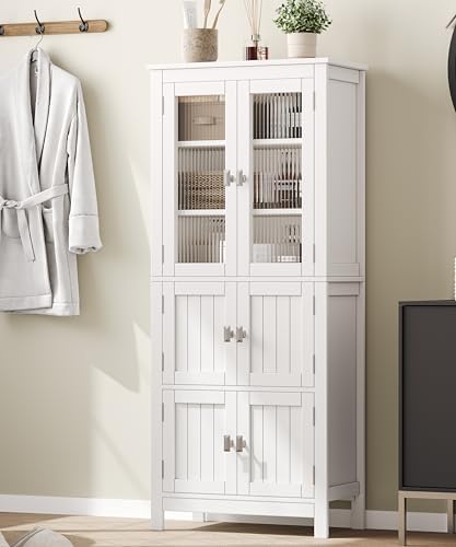 Akxomel 53.1" Tall Bathroom Cabinet 6 Doors Linen Floor Storage Cabinet | Bathroom Floor Cabinet with Adjustable Shelf, Pantry Cabinet for Living Room, Kitchen, Entryway, White