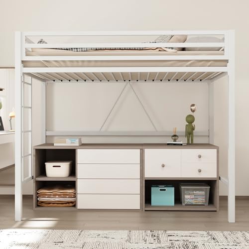 Allewie Metal Loft Bed Twin Size with Guardrail and Ladder,White