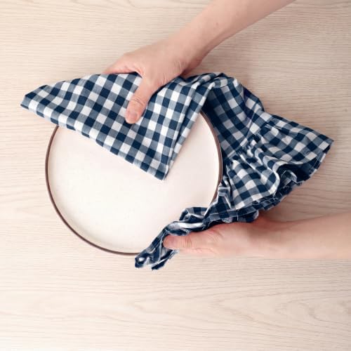 HunnmingRe 2 Pcs Navy Blue Gingham Kitchen Towels Cotton Ruffled
