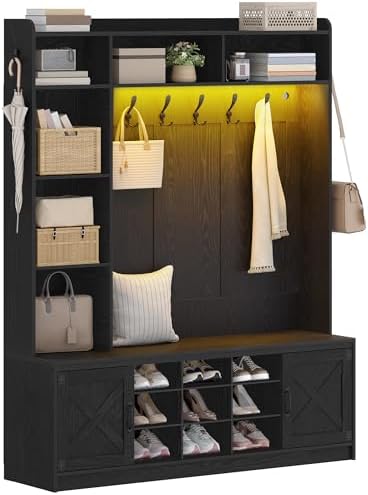 Hzuaneri 59.8" Hall Tree, LED Farmhouse Entryway Storage and Coat Rack Wood, Entryway Furniture with 7 Hooks, Hall Tree with Bench and Storage, 6 Storages Partitions Shoe Bench, Black HT24804X