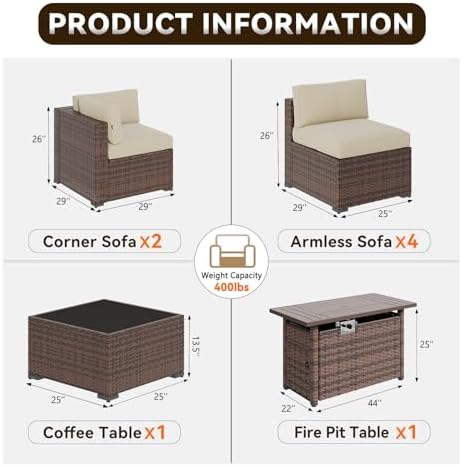 Aoxun Patio Furniture Sets, 8-Piece Outdoor Patio Furniture with 44'' Propane Gas Firepit Table, Wicker Outdoor Conversation Set Sectional Sofa for Backyard, Poolside, Garden (Black Cushion)