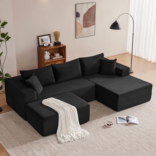Mangodan 110” Cloud Sectional Couch, Boneless Sofa for Living Room, Modular Sectional Sofa with Deep Seat, Comfy Fluffy U-Shaped Couch with Right-Facing Chaise, No Assembly Required, Black