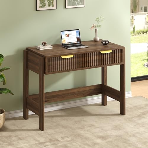 34 Inch Small Fluted Computer Desk with Drawer for Bedroom, Home Office