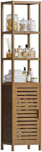 HITNET Bathroom Cabinet, Bamboo Floor Cabinet Freestanding Narrow Storage Unit with Removable Shelves, 6 Tier Tall Cabinet, Walnut