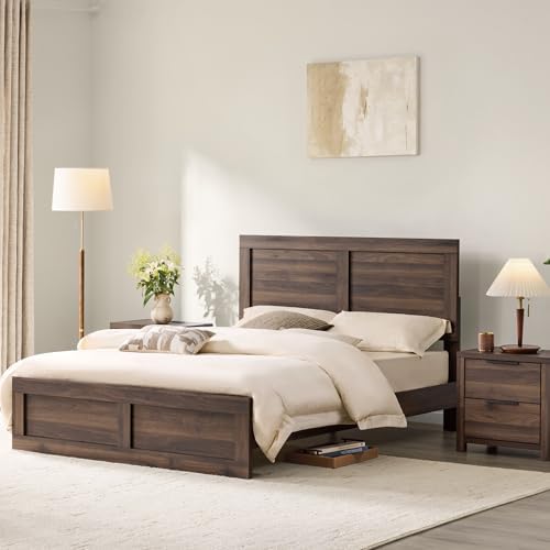KISLOT 3-Piece Bedroom Set, Bed Frame & 2 Nightstands, Walnut, Queen