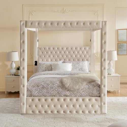 LUMISOL Canopy Bed Frame Queen Size, Velvet Upholstered Platform Bed with Button Tufted Headboard, Four Posters, Built-in Speaker and Charging Station, Heavy Duty Mattress Foundation, Beige