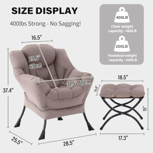 Tiita Lazy Chair with Ottoman, Comfy Reading Accent Chair, Khaki