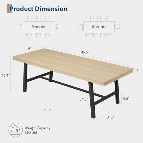 GarveeHome Industrial Dining Table for 8-10 People, 86.61" Long Kitchen Table with Sturdy Metal Frame, Rectangular Counter for Dinner, Kitchen, Dining Room (Natural, 87" Non-extendable)