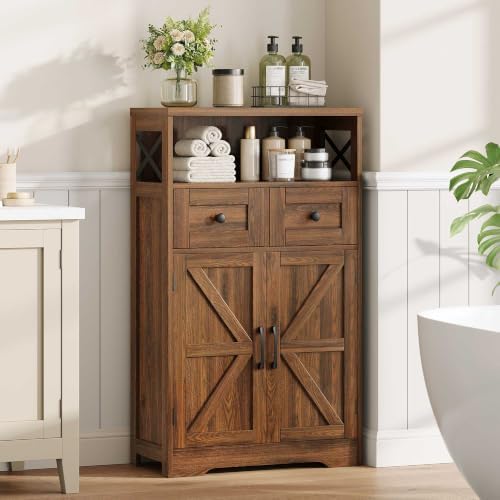 Walnut Farmhouse Storage Cabinet with Drawers, Small Kitchen Pantry Cabinet