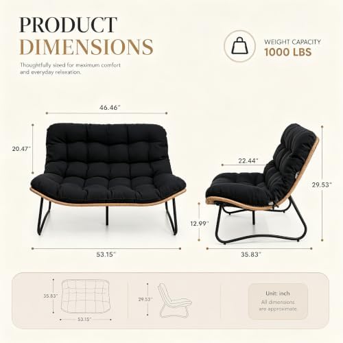 Outdoor Loveseat 2-Seat Wicker Rattan Boho Patio Sofa Black 2PC