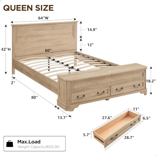 T4TREAM Farmhouse Queen Bed with Headboard and Storage Bench (Natural Oak)