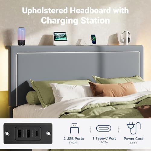 Allewie Full Lift Up Storage Bed Frame with Charging Station, Grey