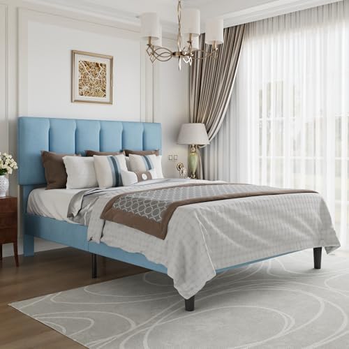 VECELO Queen Size Bed Frame with Upholstered Headboard, Light Blue