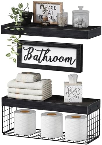 QEEIG ‎Bathroom Shelves with Decor Sign (Black, 15.7")